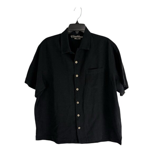 Caribbean Mens Shirt Size Large Button Down Black Short Sleeve 100% Silk - Picture 1 of 8